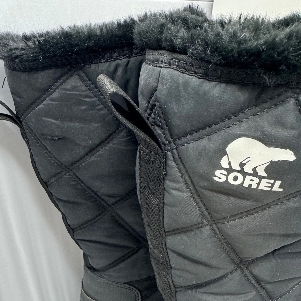 🔥Sorel Whitney🖤Tall Lace Black insulated Waterproof Winter Snow Boots‎ Fur 7.5